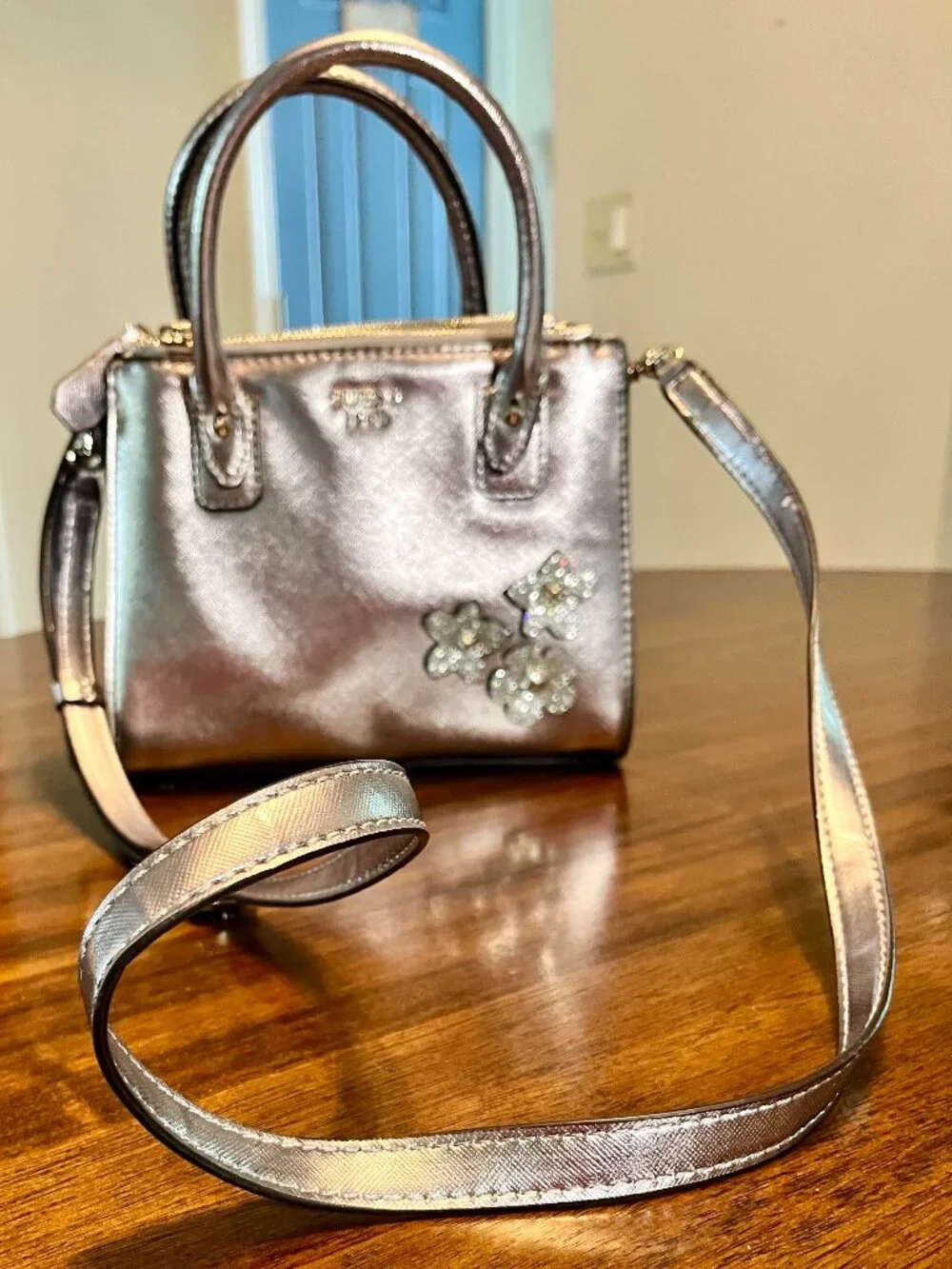Metallic Guess Liya Petite Girlfriend Satchel w/ Glittery Floral Embellishments